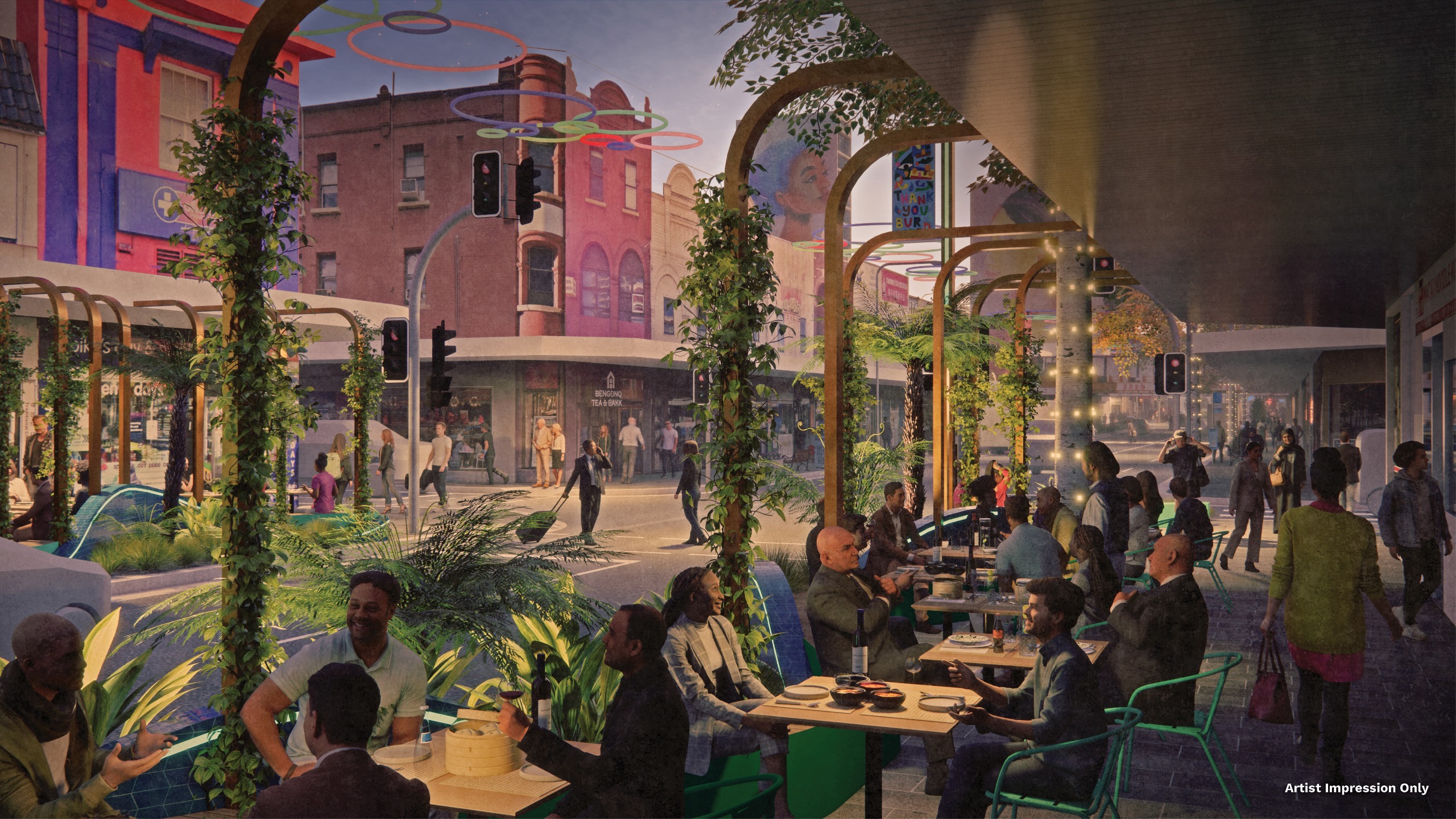 Artist impression of outdoor dining near the corner of Burwood Road and George Street, Burwood.