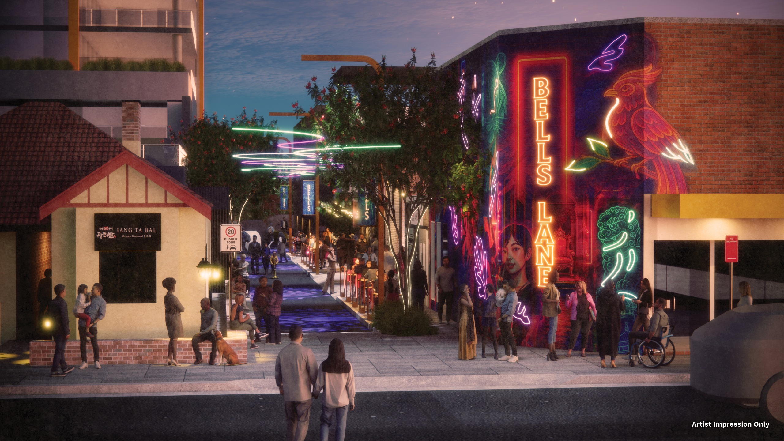 Artist impression of the new shared pedestrian zone at Bells Lane, Strathfield.